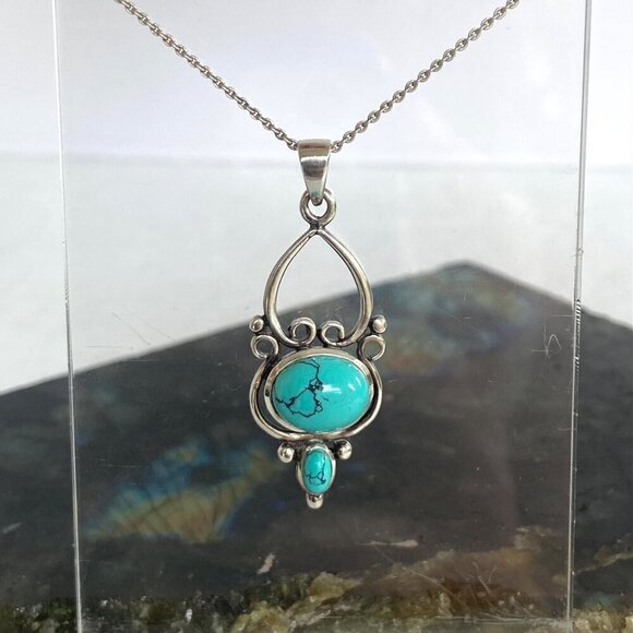 Sterling Silver 925 Scrollwork Turquoise Cabochon Pendant Necklace 16"-18" Chain - Picture 5 of 16